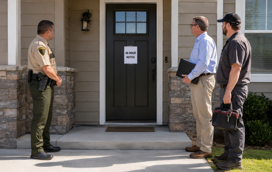Sheriff, landlord and locksmith outside a rental with a 48-hour notice